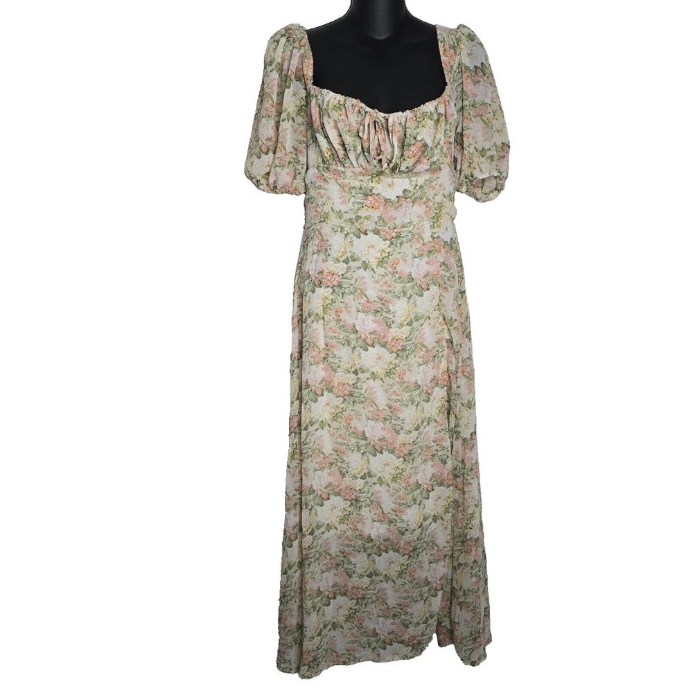 Petal + Pup Dress Sz 4 Milk Maid Maxi Floral Puff Sleeve Cottage Core Pink Green